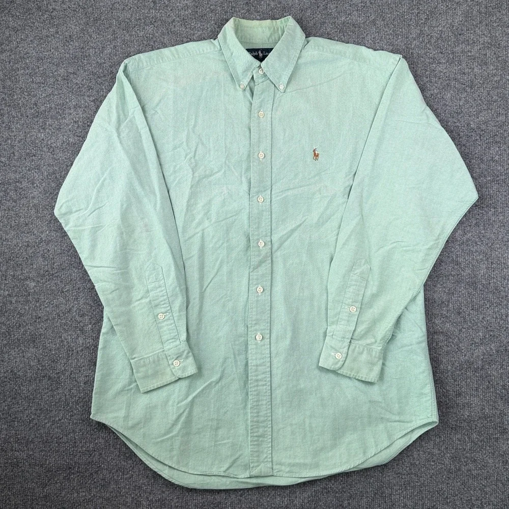 Vintage Polo Ralph Lauren Oxford Shirt Mens M Mint Green Long Sleeve Flesh Pony
